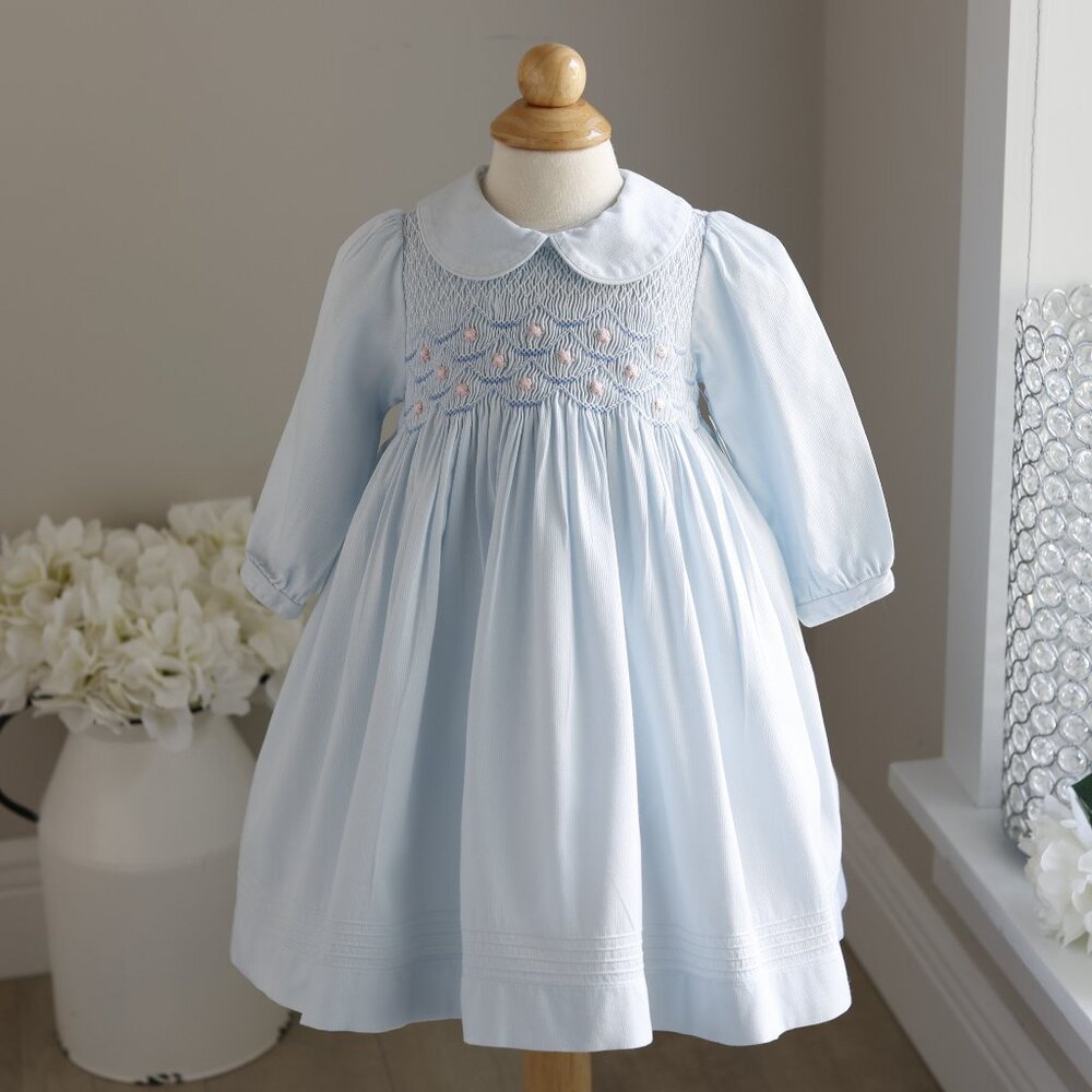 Blue Smocked Dress Long Sleeve Embroidery 100% Cotton 18 Mo Traditional Classic